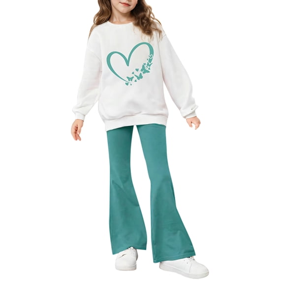 Tiijoy Little Girls Outfits Heart Print Crew Neck Sweatshirt Flared Pants Set, Sizes 5-14