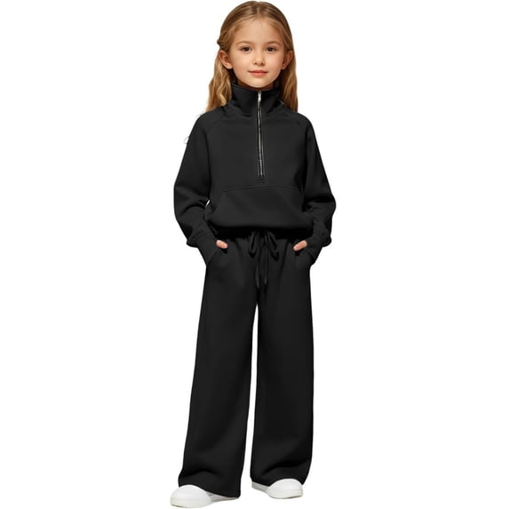 Tiijoy Little Girls Outfits Solid Half Zip Sweatshirt Sweatpants 2Pcs Set, Sizes 5-16