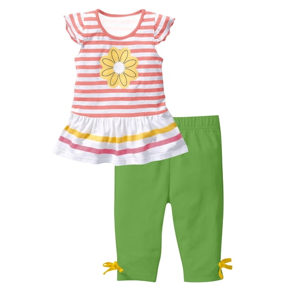 Tiijoy Little Girls Outfits Sunflower Striped Flutter Sleeve T-Shirt Capris Set, Sizes 5-6