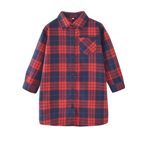 Tiijoy Little Girls Plaid Long Sleeve Button Down Shirt Loose Casual Long Shirt, Sizes 5-6