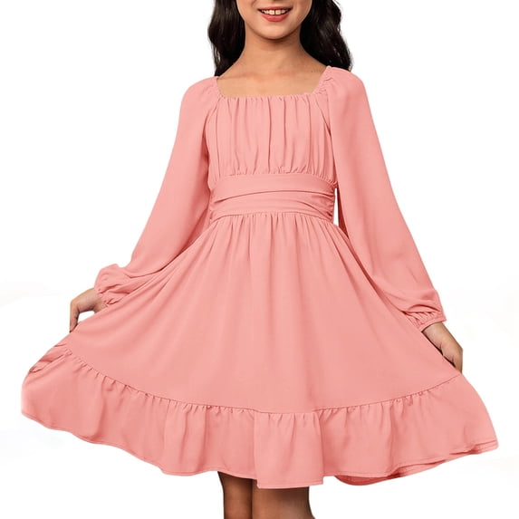 Tiijoy Little Girls Ruched Ruffle Long Sleeve Dress Square Neck Backless Dress, Sizes 6-7