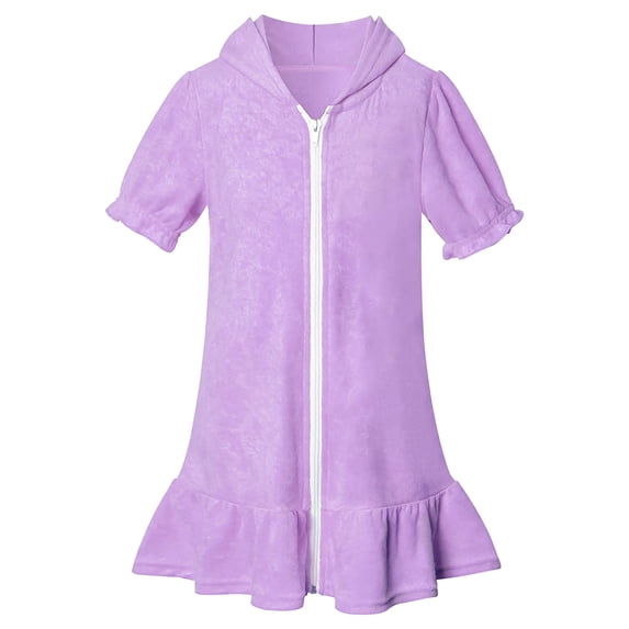 Tiijoy Little Girls Ruffle Hooded Cover Up Short Sleeve Zip Up Beach Coverup Dress, Sizes 6-7