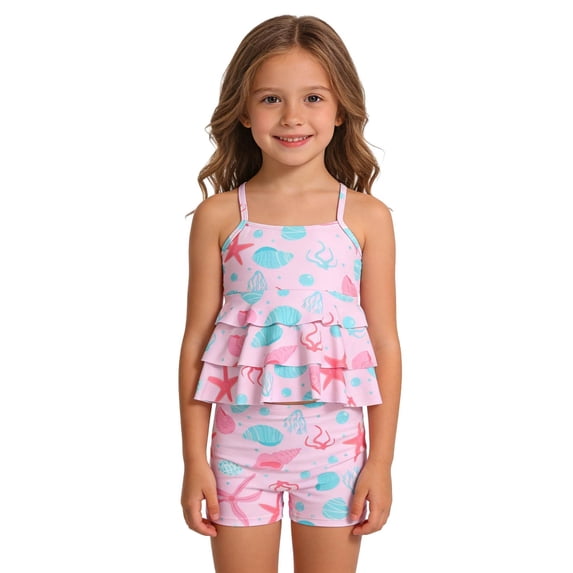 Tiijoy Little Girls Ruffle Tankini Set Swimsuit UPF 50+ Quick-Drying Bathing Suit, 2-Piece