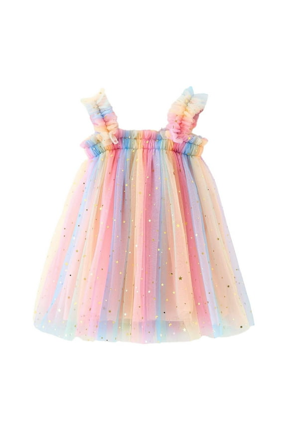 Little Girls Sequins Rainbow Tulle Dress Sleeveless Mesh Princess Dress, Sizes 5-6