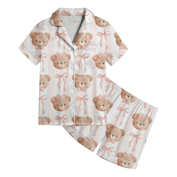Tiijoy Little Girls Silk Pajamas Cartoon Bear Print Short Sleeve Top Shorts Cute Nightwear