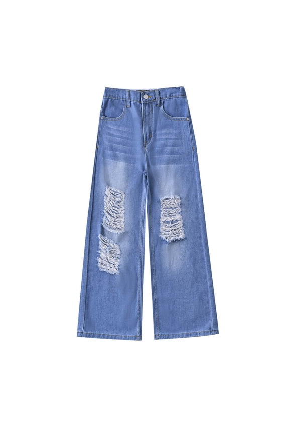 Little Girls Straight Leg Ripped Jeans Casual Loose Mid Rise Denim Pants, Sizes 6-7