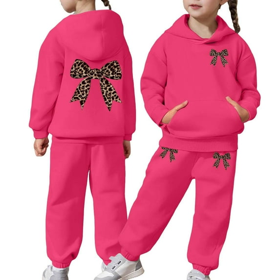 Tiijoy Little Girls Tracksuit Bow Print Cozy Pullover Hoodie Pants Outfits, Sizes 6-7