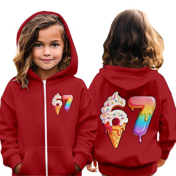 Tiijoy Little Girls Zip up Hoodie 6 7 Ice-Cream Print Hooded Sweatshirt Jacket, Sizes 5-6