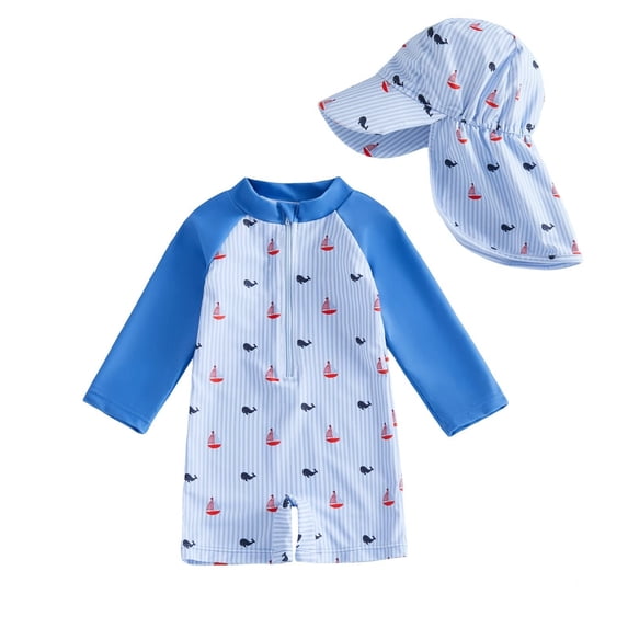 Tiijoy Long Sleeve Rash Guard Swimsuit for Boys UPF 50+ Bathing Suit with Hat, Sizes 9-12 Months