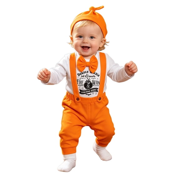 Tiijoy Newborn Boys Halloween Long Sleeve Romper Suspenders Pants Hat 3Pcs Set, Sizes 6-12M