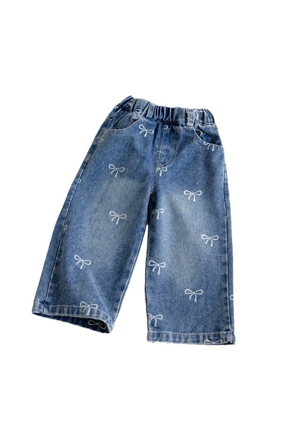 Newborn Girls Bow Pattern Pull On Jeans Straight Leg Relaxed Fit Denim Pants Trousers