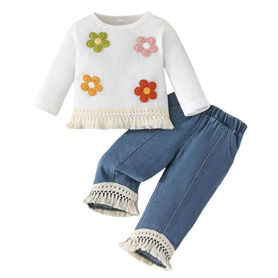 Tiijoy Newborn Girls Casual Outfits Flower Long Sleeve Fringe T-Shirt Cropped Jeans Set