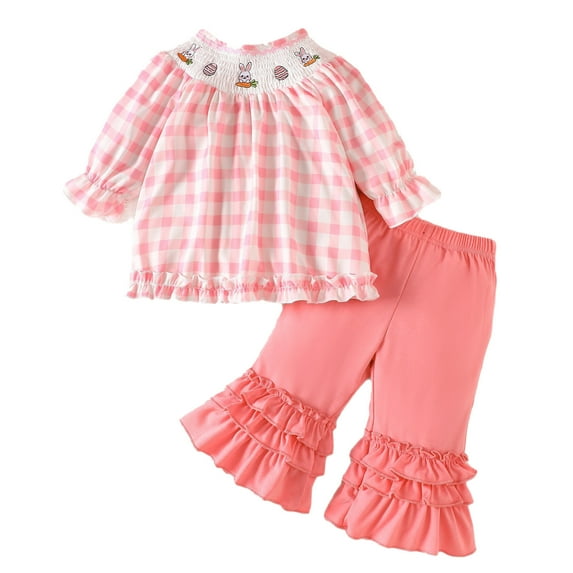 Tiijoy Girls Easter Outfits Bunny Embroidery Shirt Ruffles Flared Pants Set, Sizes 6-12M