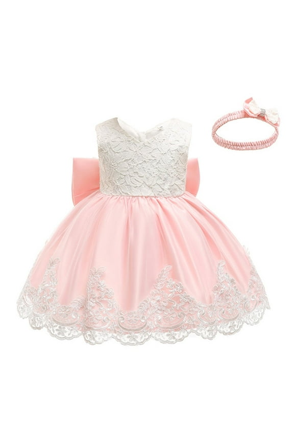 Newborn Girls Lace Bow Sleeveless Dress Wedding Pageant Princess Party Dress, Sizes 0-3M