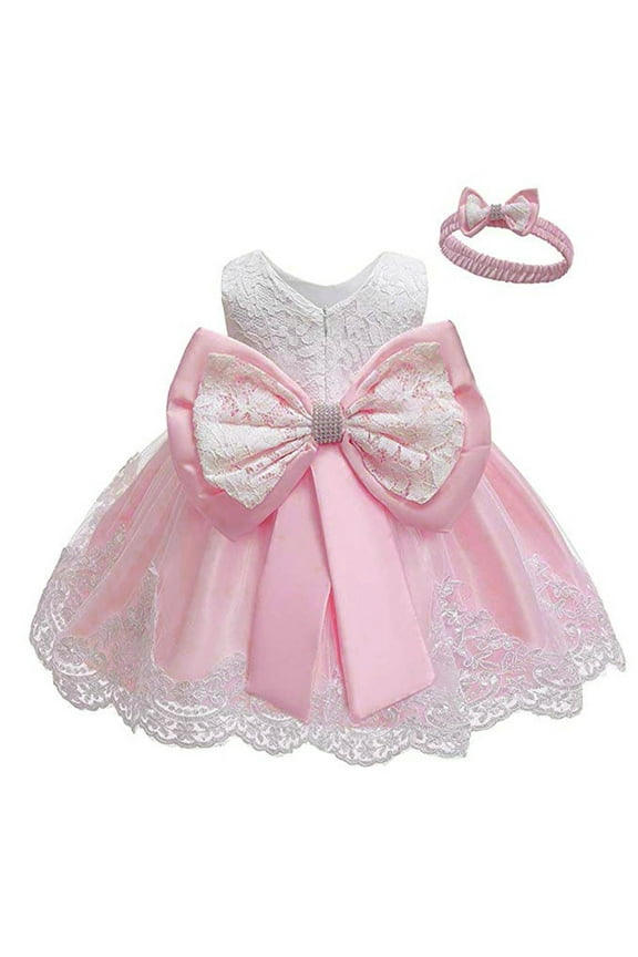 Newborn Girls Lace Bow Sleeveless Dress Wedding Pageant Princess Party Dress, Sizes 0-3M