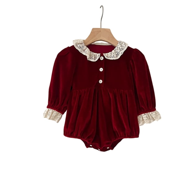 Tiijoy Newborn Girls Lace Velour Bodysuit Elegant Peter Pan Collar Romper, Sizes 5-9M