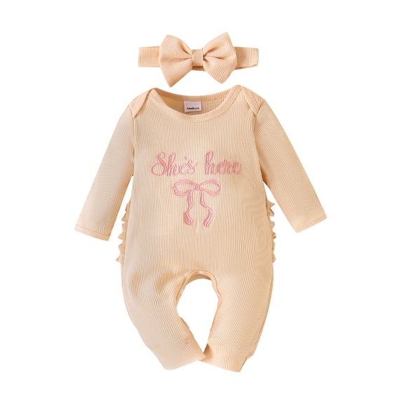 Tiijoy Newborn Girls Long Sleeve Romper Letter Print Jumpsuit with Headband, Sizes Newborn