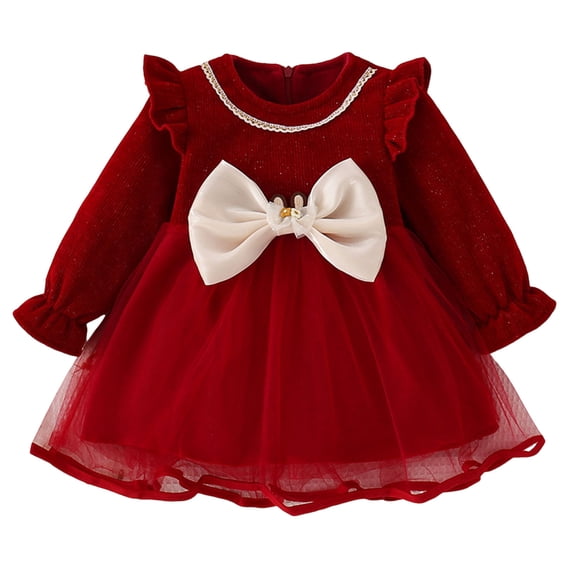Tiijoy Newborn Girls Long Sleeve Velvet Tutu Dress Bow Ruffle Princess Dress, Sizes 6-9M