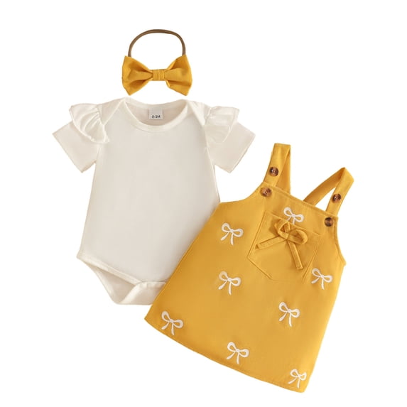 Tiijoy Newborn Girls Outfits Cute Cotton Short Sleeve Romper Bow Jumper Dress Headband 3Pcs Set, Sizes 6-12M