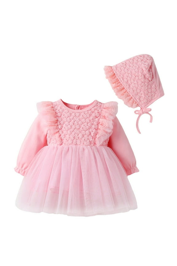 Girls Ruffle Long Puff Sleeve Tutu Dress Baby Princess Dress Baptism Gown, Sizes 6-9M