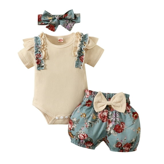 Tiijoy Girls Ruffles Short Sleeve Ribbed Romper Bow Floral Shorts Headband Outfits, Sizes 9-12M