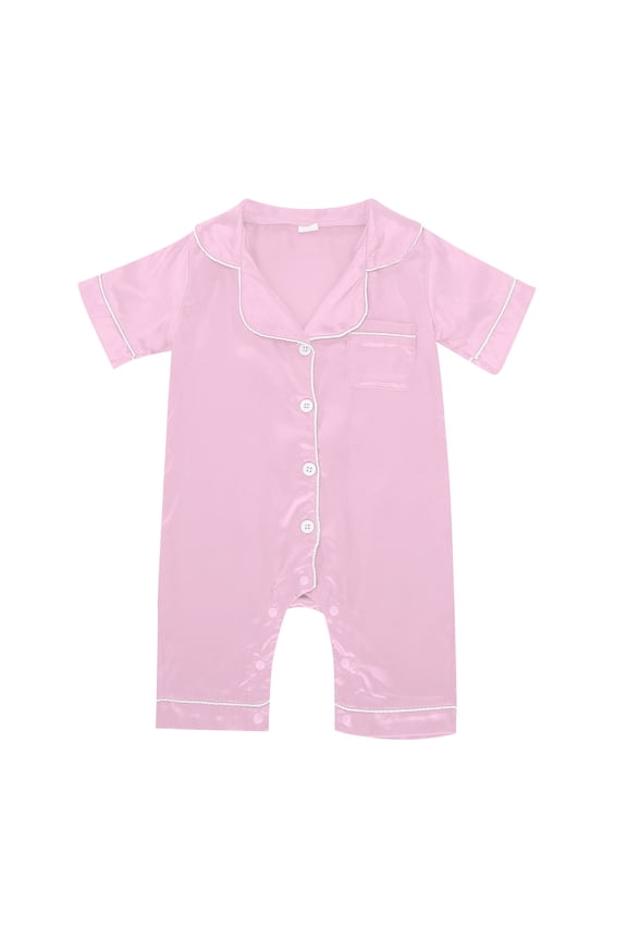 Girls Satin Union Suit Pajama Button Down Short Sleeve Jumpsuit, Sizes 0-3M