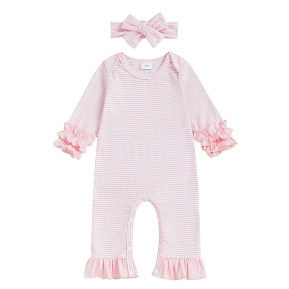Tiijoy Girls Striped Ruffle Romper Long Sleeve Jumpsuit with Headband Outfits, Sizes 6-9M