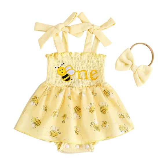 Tiijoy Girls Summer Outfits Cartoon Bee Print Smocked Mesh Romper & Headband Set, Sizes 6-12 Months