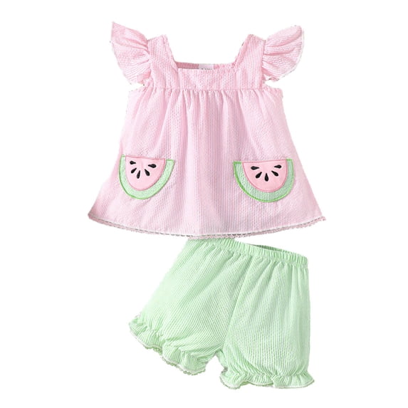 Tiijoy Newborn Girls Summer Ruffle Watermelon Embroidery Shirt and Shorts Set, Sizes 6-12M