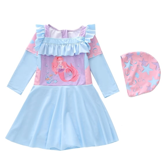Tiijoy Princess Swimsuit for Girls Long Sleeve Ruffle Swim Dress with Hat, Sizes 2-12