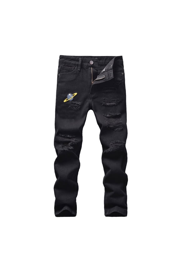 Ripped Distressed Fit Jeans for Boys Mid Rise Demin Pants Streetwear Jeggings