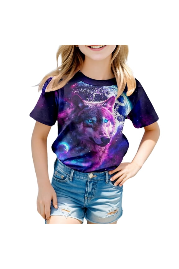 Short Sleeve T Shirt for Girls Summer Wolf Graphic Crew Neck T-Shirt, Sizes 1-13