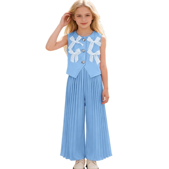 Tiijoy Stylish Toddler Girls Outfits Bow Vest and Wide Leg Pleated Pants Set, Sizes 2-3