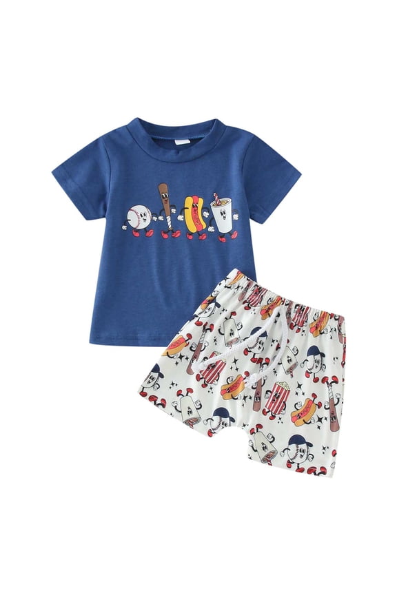 Summer Boys Cartoon Baseball Prints Short Sleeve T-Shirt Shorts Outfits, Sizes 0-3T