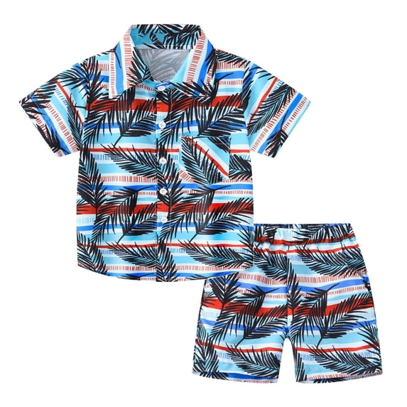 Tiijoy Summer Boys Hawaii Beach Outfits Tropical Print Short Sleeve Button Down Shirt Shorts Set Fashion Kids Clothes, Sizes 1-8