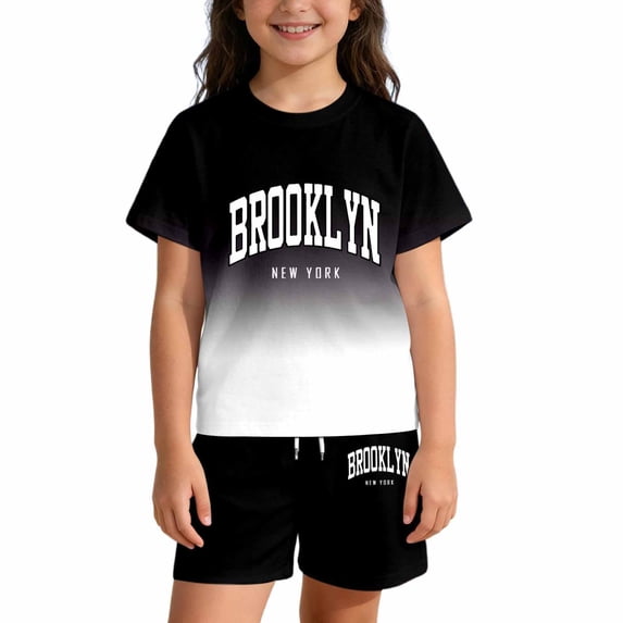 Tiijoy Summer Girls Casual Outfits Gradient Letter Short Sleeve Top Shorts Set, Sizes 2-3