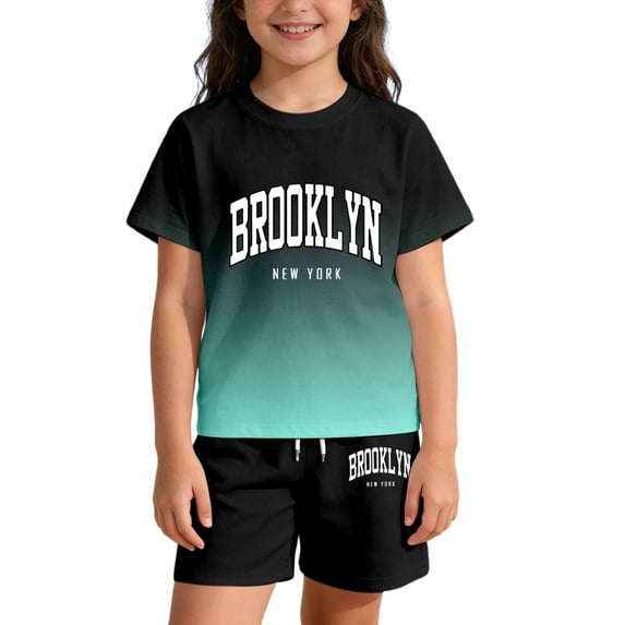 Tiijoy Summer Girls Casual Outfits Gradient Letter Short Sleeve Top Shorts Set, Sizes 5-6
