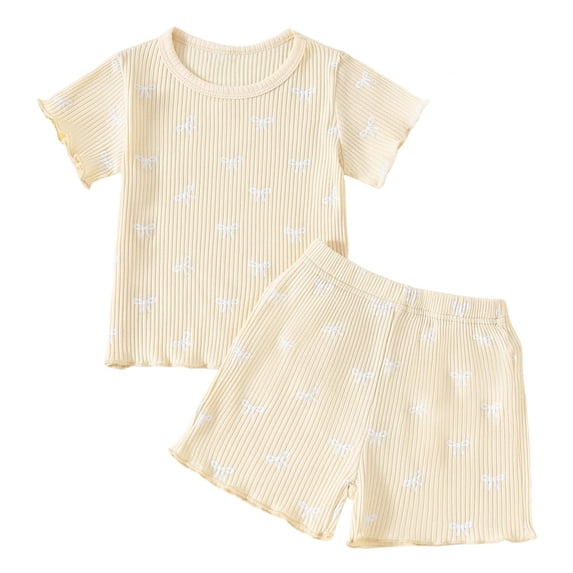 Tiijoy Summer Girls Outfit Set Casual Short Sleeved Ribbed T-Shirt Shorts Set, Sizes 6M-4T