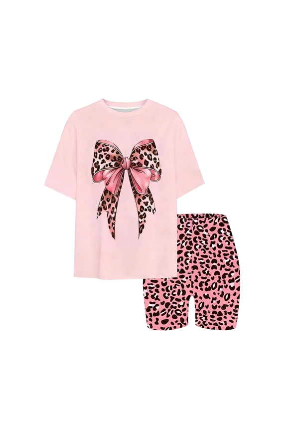 Summer Girls Outfits Bow Short Sleeve T-Shirt Leopard Biker Shorts Set, Sizes 1-14