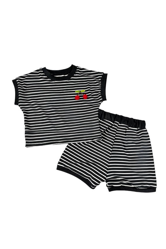 Summer Girls Outfits Cherry Striped Short Sleeve T-Shirt Shorts Set, Sizes 3-4