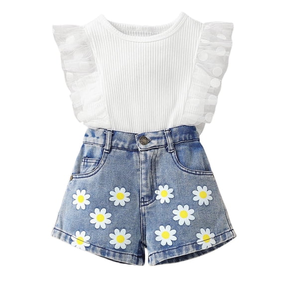 Tiijoy Summer Girls Outfits Ruffle Ribbed Top Sunflower Print Denim Shorts Set, Sizes 1-6