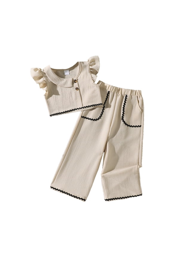 Summer Girls Outfits Ruffle Sleeveless Crop Top Wide Leg Pants Suit, Sizes 3-4