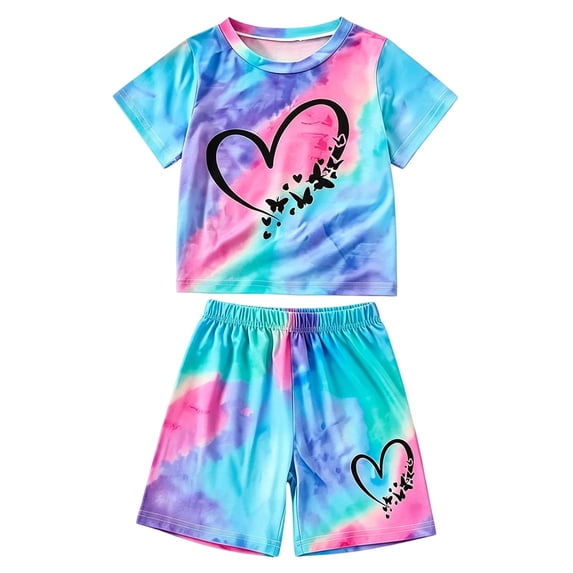 Tiijoy Summer Girls Outfits Tie Dyed Heart Print Short Sleeve Tee Shorts Set, Sizes 2-13