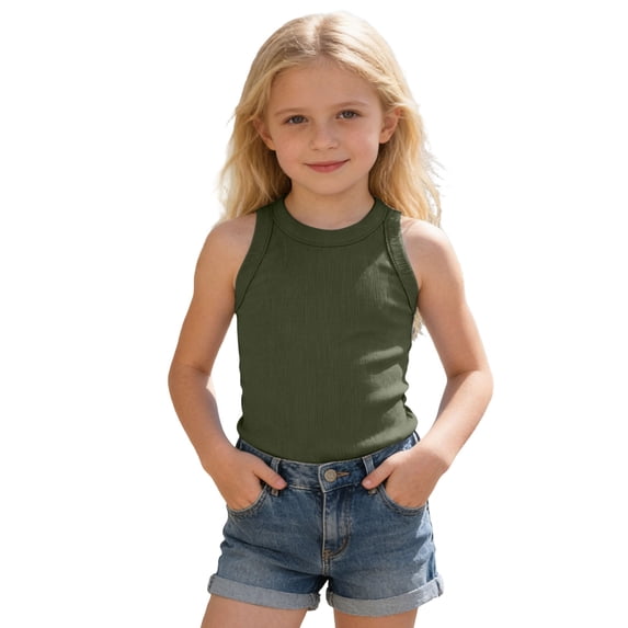 Tiijoy Summer Girls Ribbed Tank Top Casual Solid Crewneck Sleeveless Shirt, Sizes 2-12
