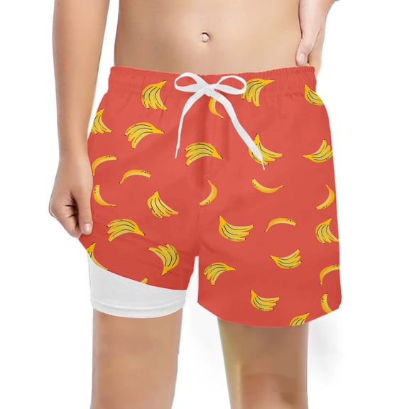 Tiijoy Swimming Trunks for Boys Banana Print Compression Liner Board Shorts, Sizes 10-12