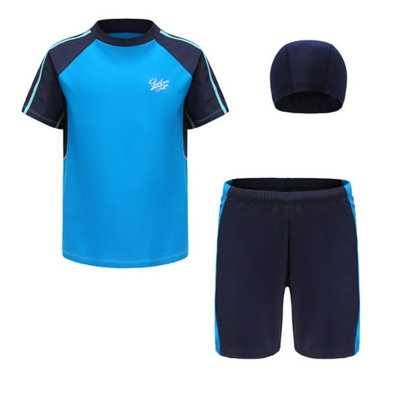 Tiijoy Swimsuit for Boys Short Sleeve Rash Guard Shorts Swim Cap Bathing Suit, 3 Piece, Sizes 13-14