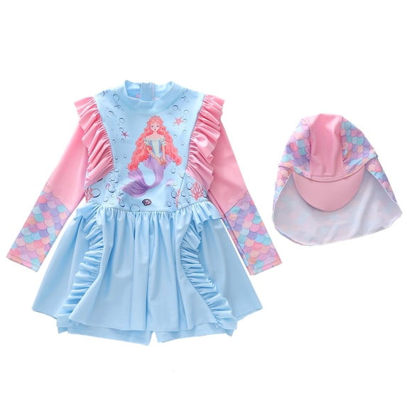 Tiijoy Swimsuit for Girls Princess Cartoon Ruffle Swim Dress Hat UPF 50+ Bathing Suit, Sizes 2-12