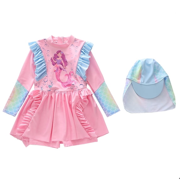 Tiijoy Swimsuit for Girls Princess Cartoon Ruffle Swim Dress Hat UPF 50+ Bathing Suit, Sizes 2-12