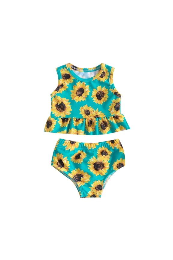 Swimsuit for Girls Sunflower Print Ruffle Tankini Set Bathing Suit, Sizes 12M-5T