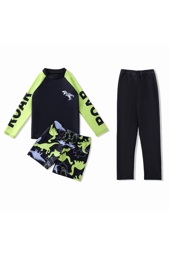 Swimsuits for Boys Dinosaur Long Sleeve Rash Guard Swin Shorts Pants, 3-Piece, Sizes 5-6